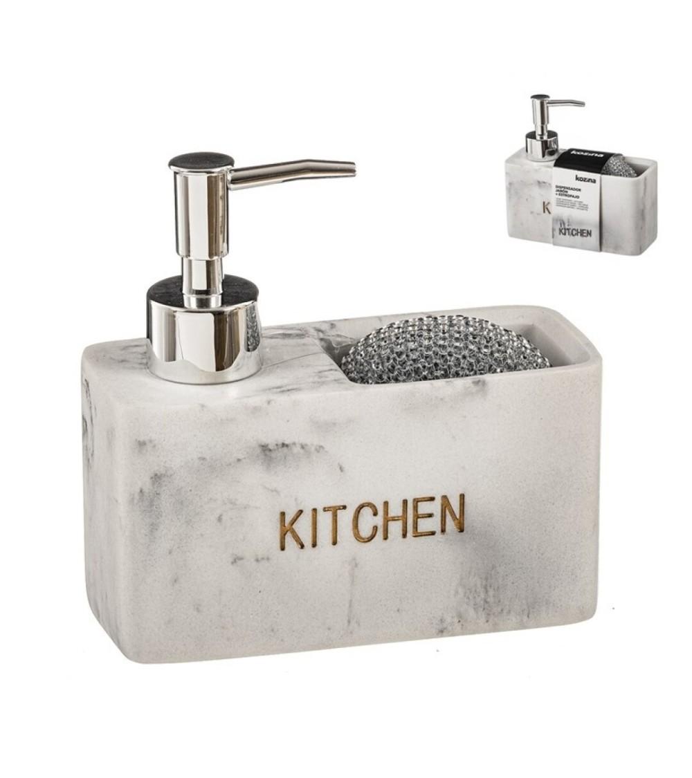 Dcasa Dispensador Con Estropajo Blanco De Poliresina Marmol Kitchen 14x6x14 Cm