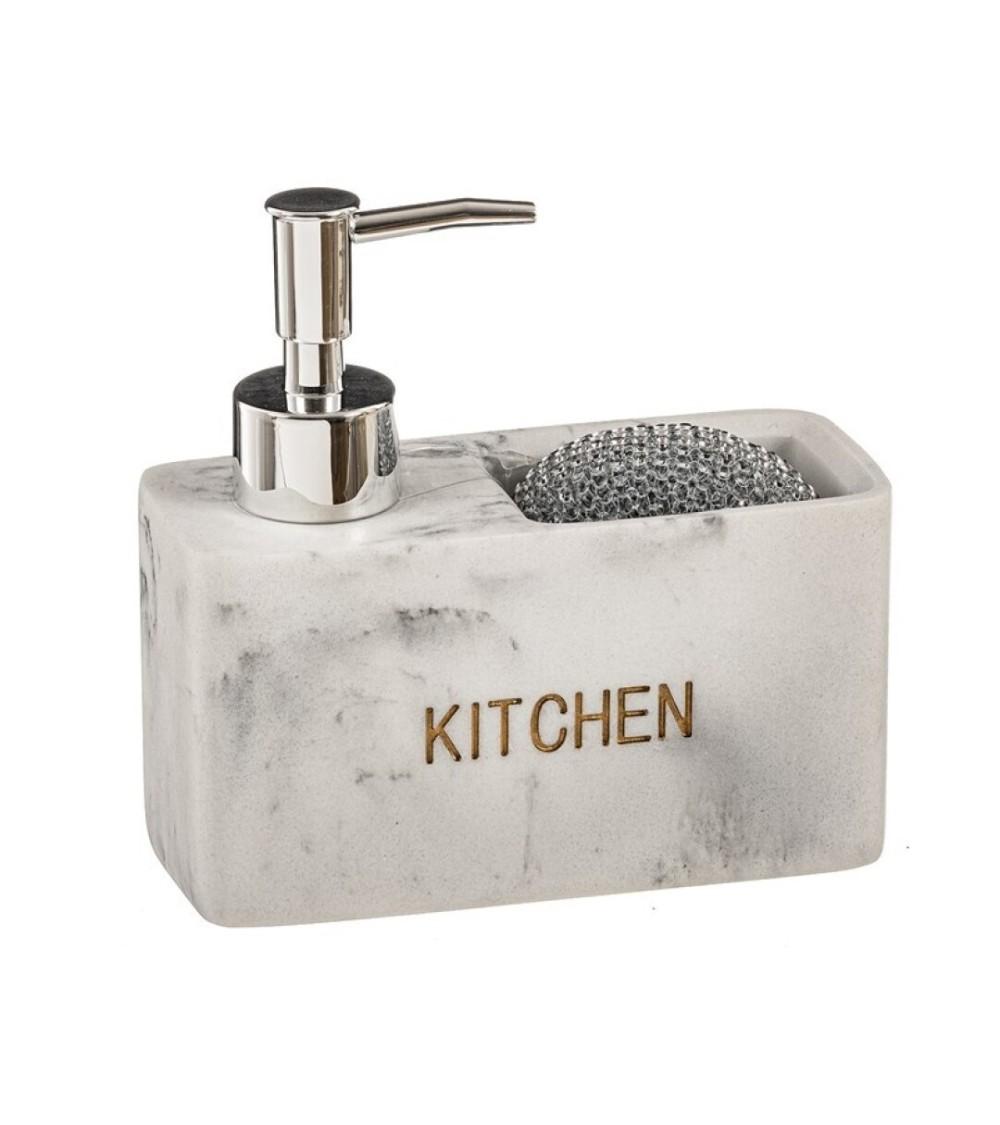 Dcasa Dispensador con estropajo blanco de poliresina marmol kitchen 14x6x14 cm