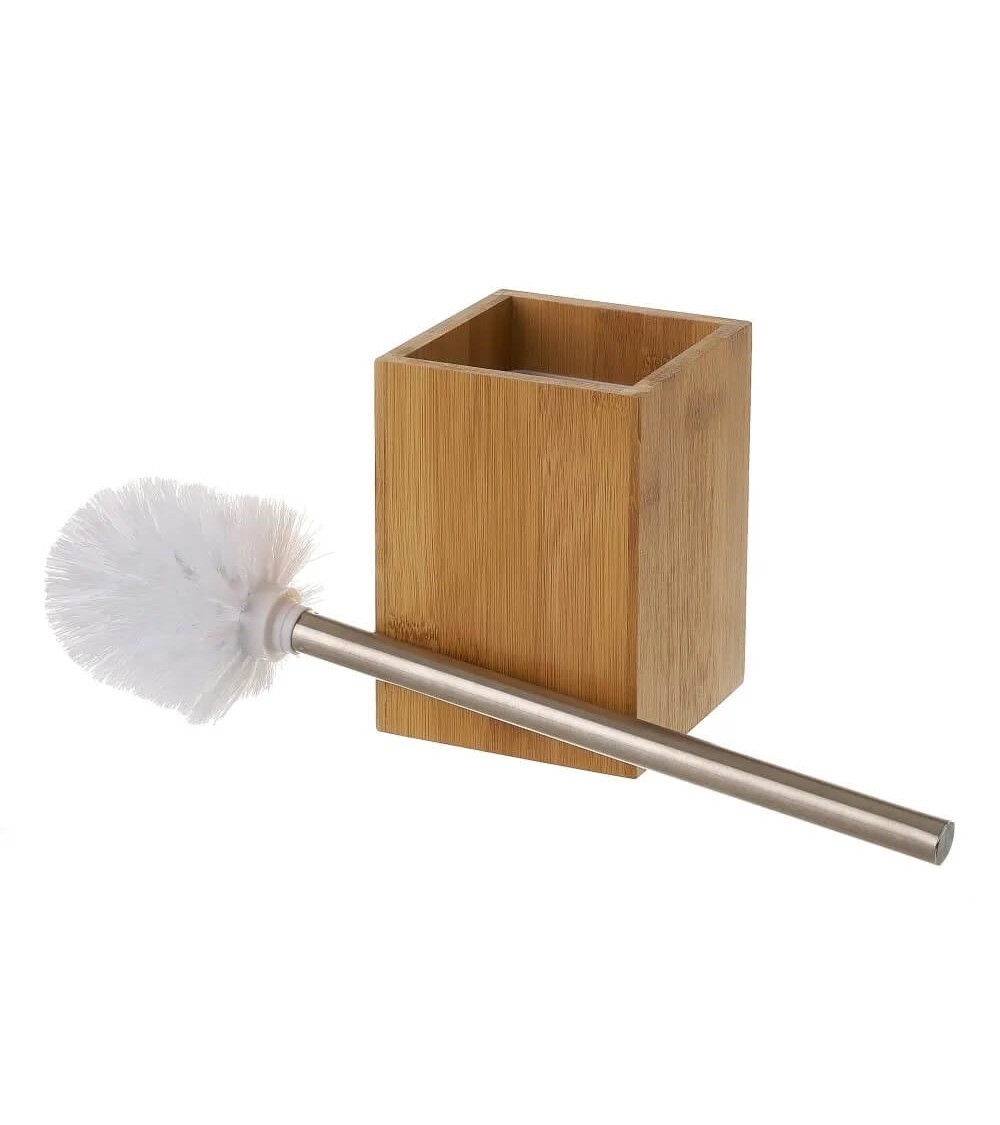 Dcasa Escobillero Cuadrado De Bambú Natural Y Acero Inoxidable De 10x10x36 Cm