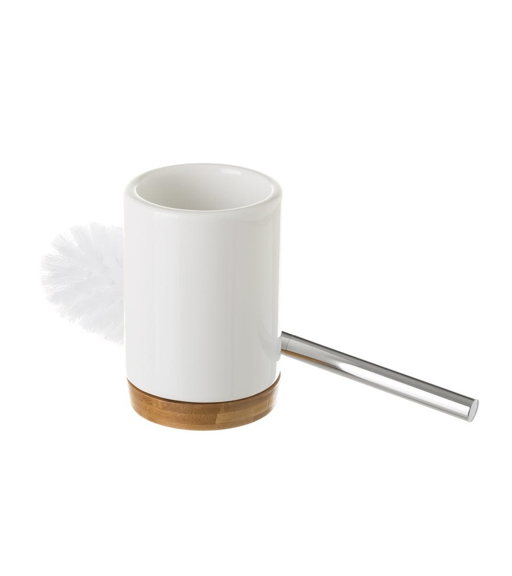 Dcasa Escobillero Redondo Blanco de cerámica y bambú de Ø 10x38 cm