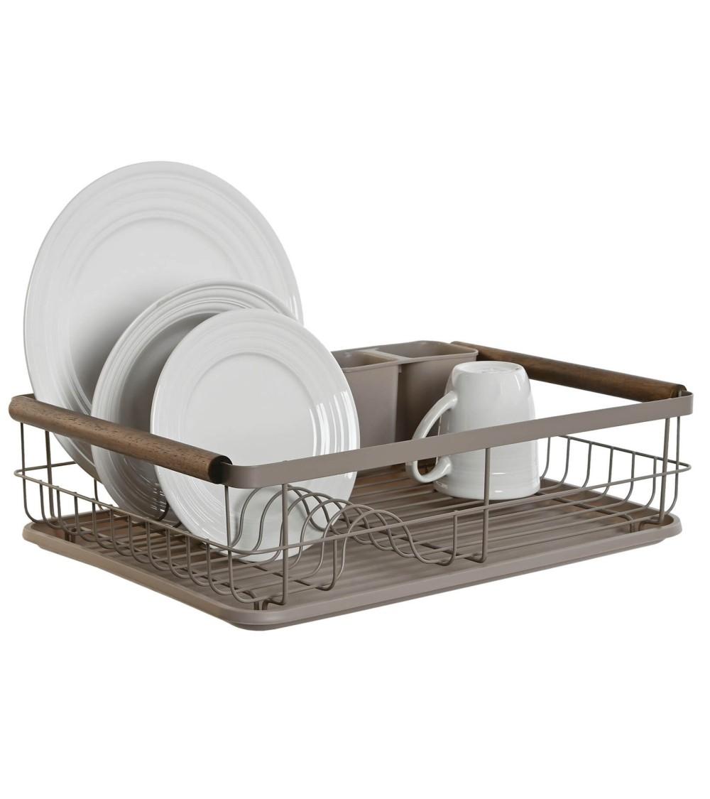 Dcasa Escurreplatos Con Bandeja Metal Rubberwood Color Gris