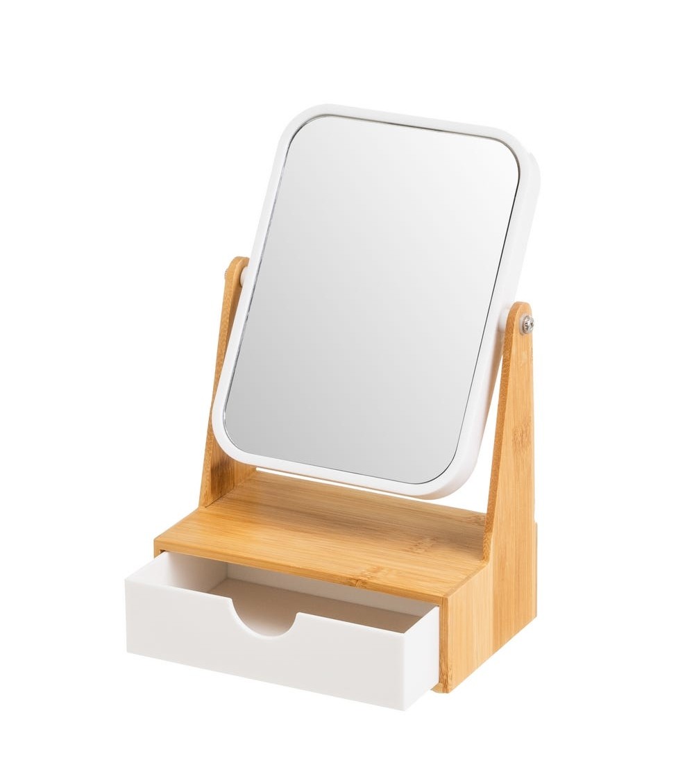 Dcasa Espejo De Tocador De 2 Aumentos Blanco De Bambú Y Plástico Con Cajon Nórdico