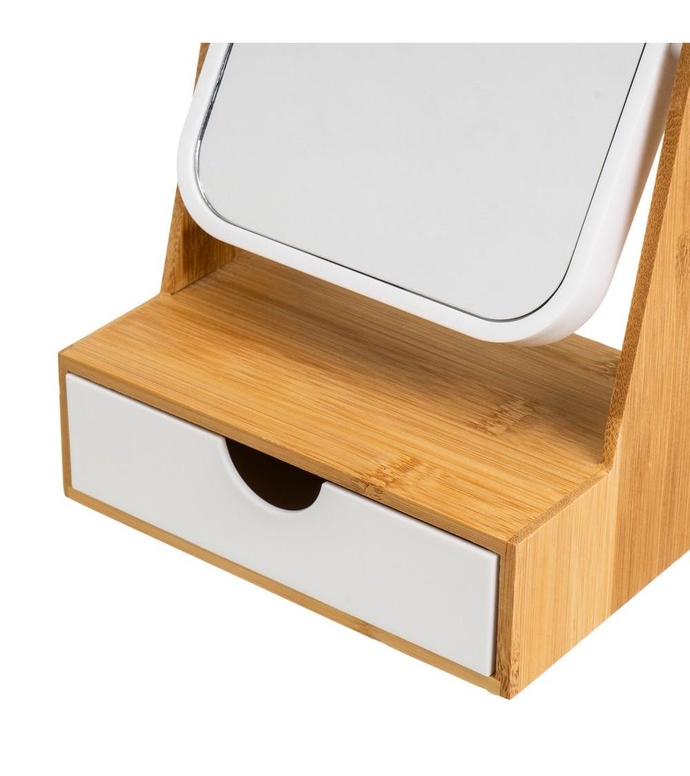 Dcasa Espejo De Tocador De 2 Aumentos Blanco De Bambú Y Plástico Con Cajon Nórdico