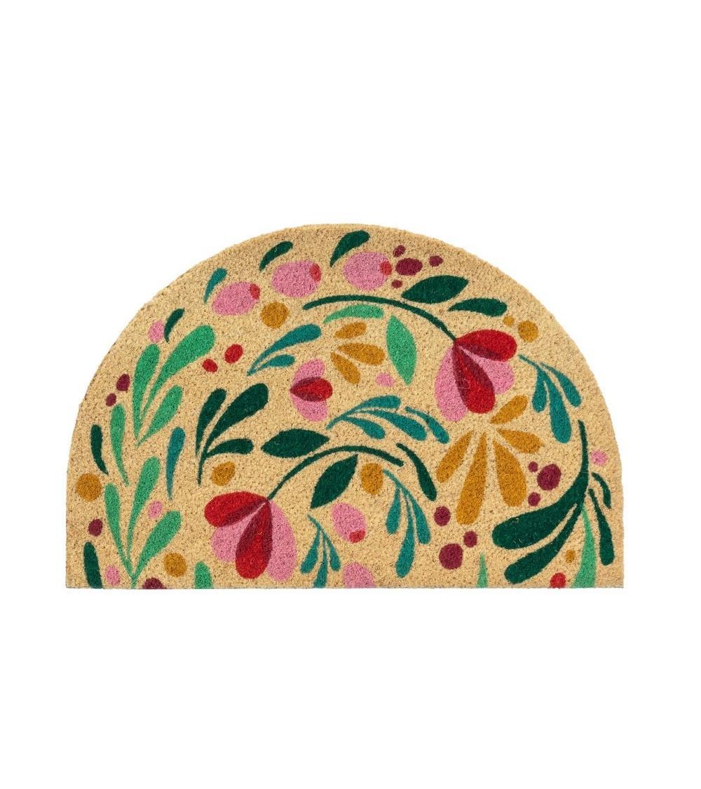 Dcasa Felpudo antideslizante clasico de fibra de coco natural beige flores rosa de 60x40 cm