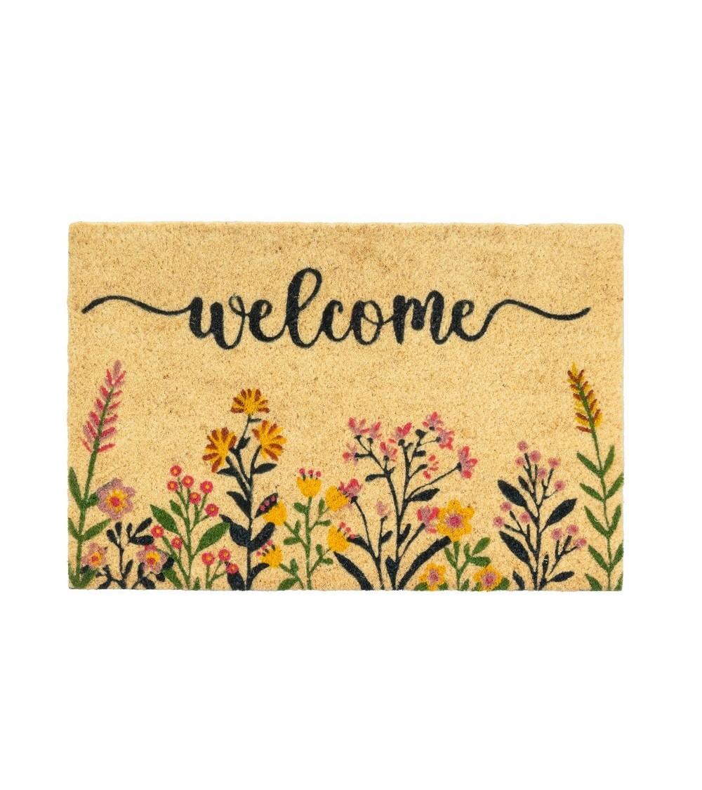 Dcasa Felpudo flores welcome antideslizante de fibra de coco para entrada de 60x40 cm