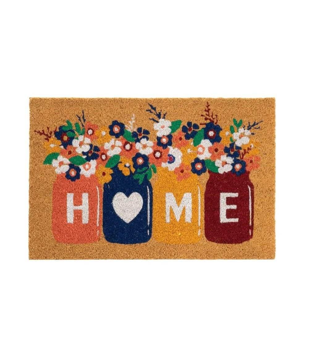 Dcasa Felpudo Home flores marrón de fibra de coco natural de 40x60 cm