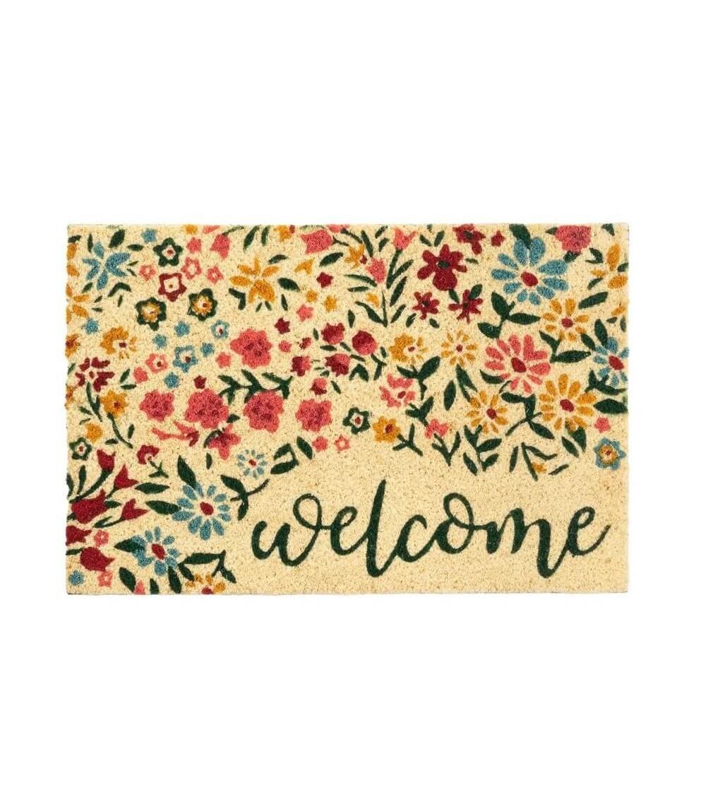 Dcasa Felpudo welcome flores beige de fibra de coco natural de 40x60 cm
