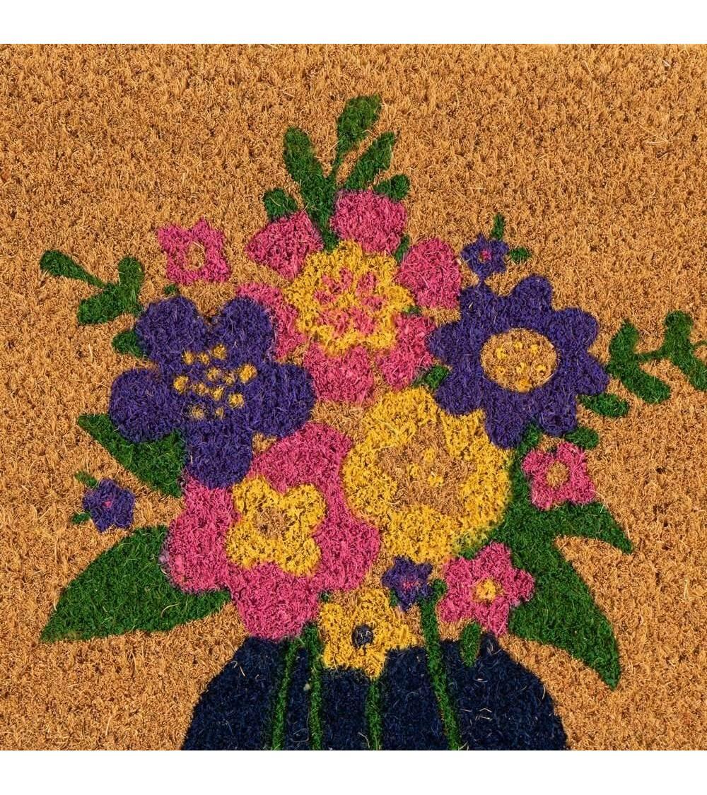 Dcasa Felpudo Welcome Jarron Con Flores Marrón De Fibra De Coco Natural De 40x60 Cm