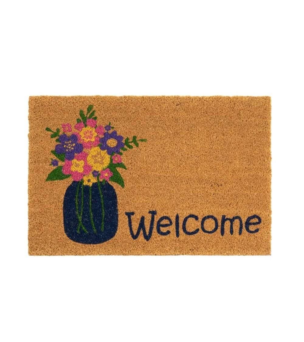 Dcasa Felpudo Welcome jarron con flores marrón de fibra de coco natural de 40x60 cm