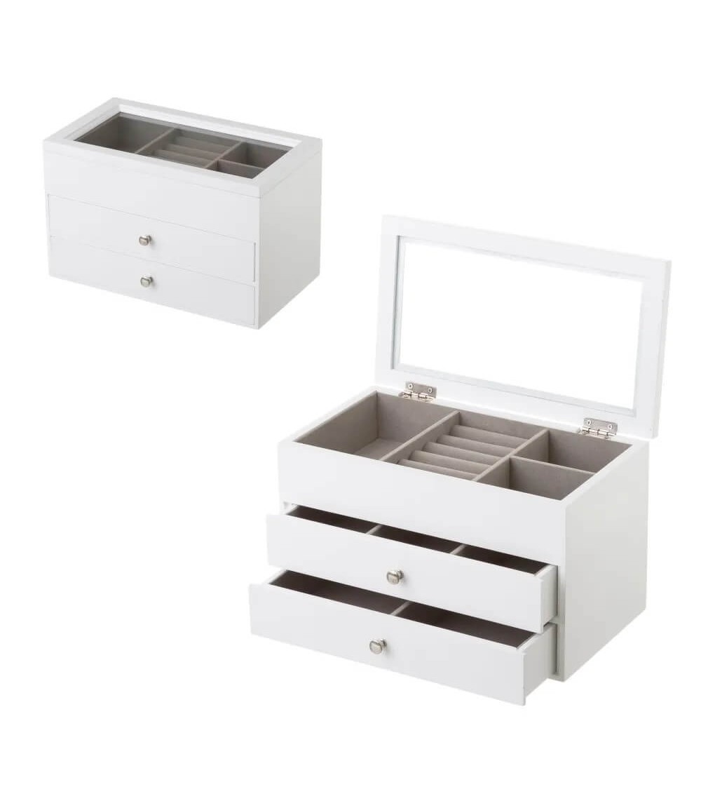 Dcasa Joyero de 2 cajones de madera y cristal blanco de 26x14x16 cm