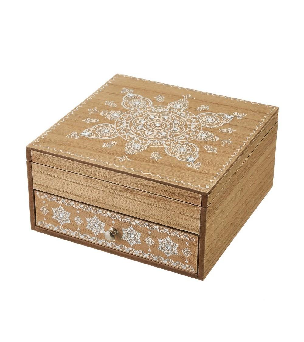 Dcasa Joyero mandala de madera en natural de 20x20x10 cm