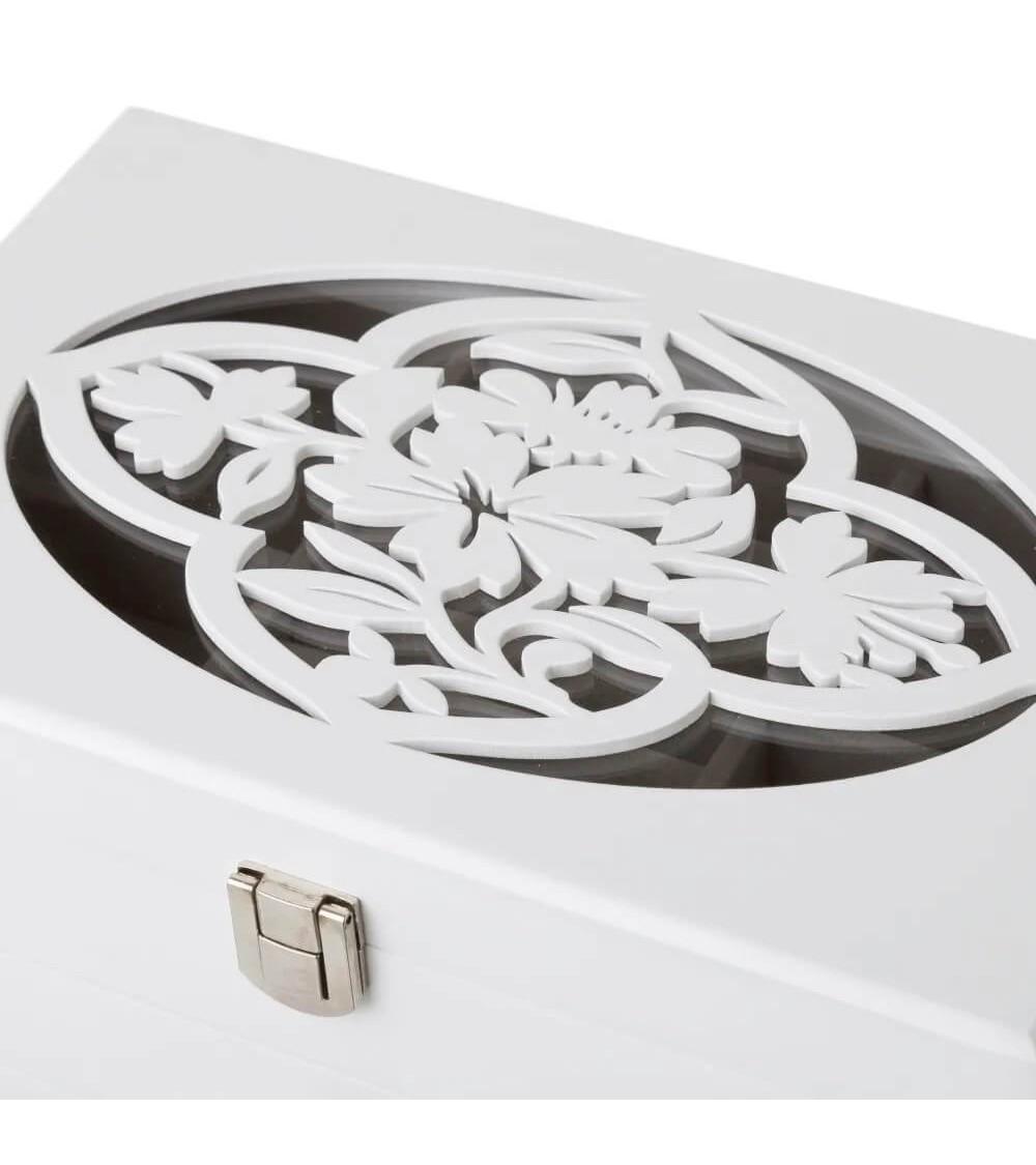 Dcasa Joyero Tallado Floral De Madera Y Cristal Blanco De 23x14x12 Cm