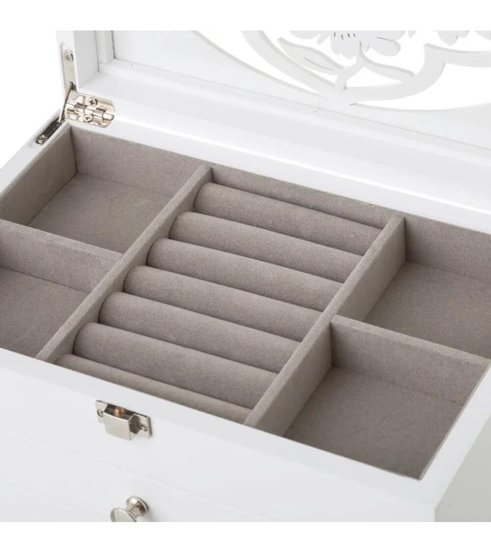 Dcasa Joyero Tallado Floral De Madera Y Cristal Blanco De 23x14x12 Cm