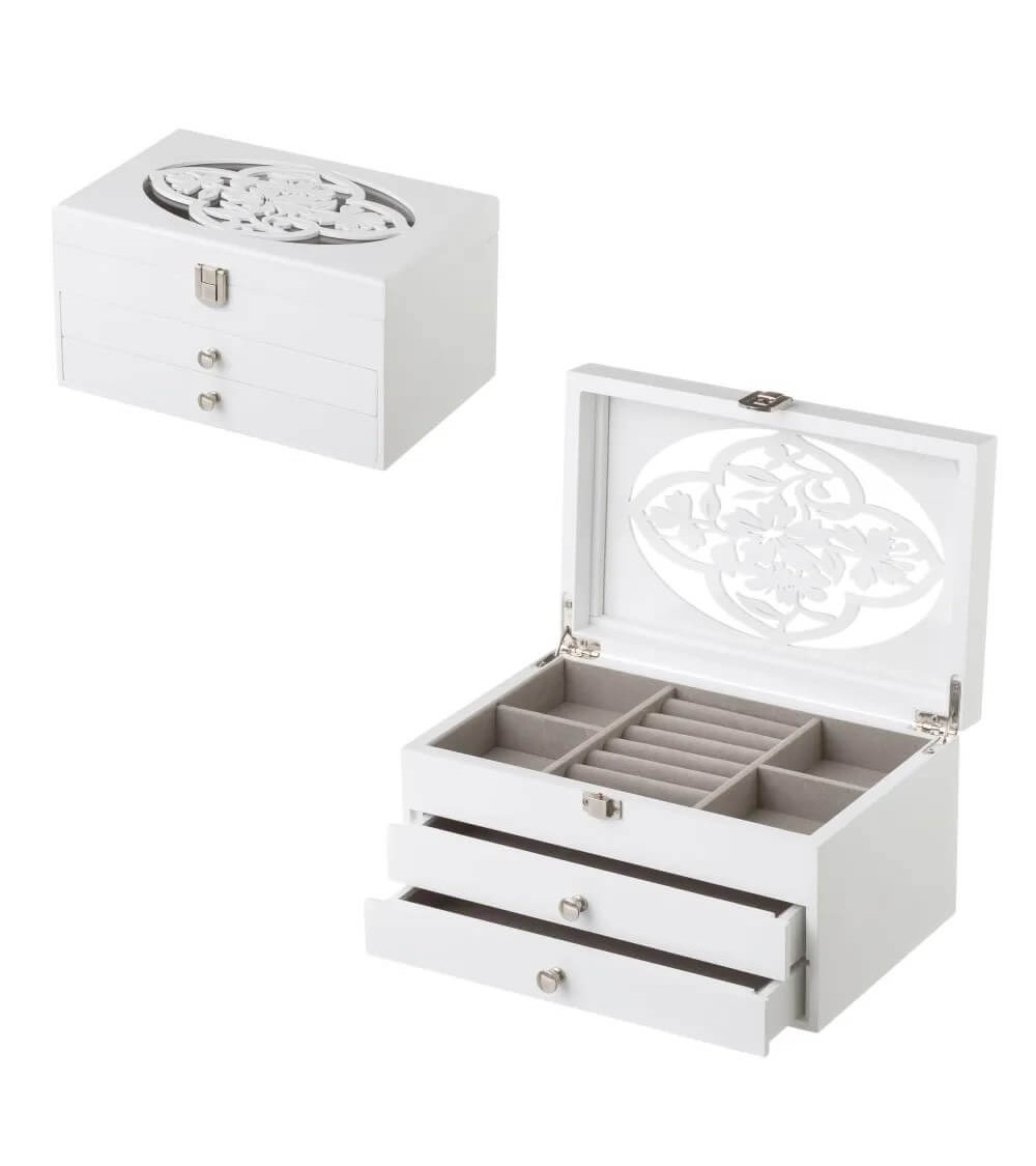 Dcasa Joyero tallado floral de madera y cristal blanco de 23x14x12 cm