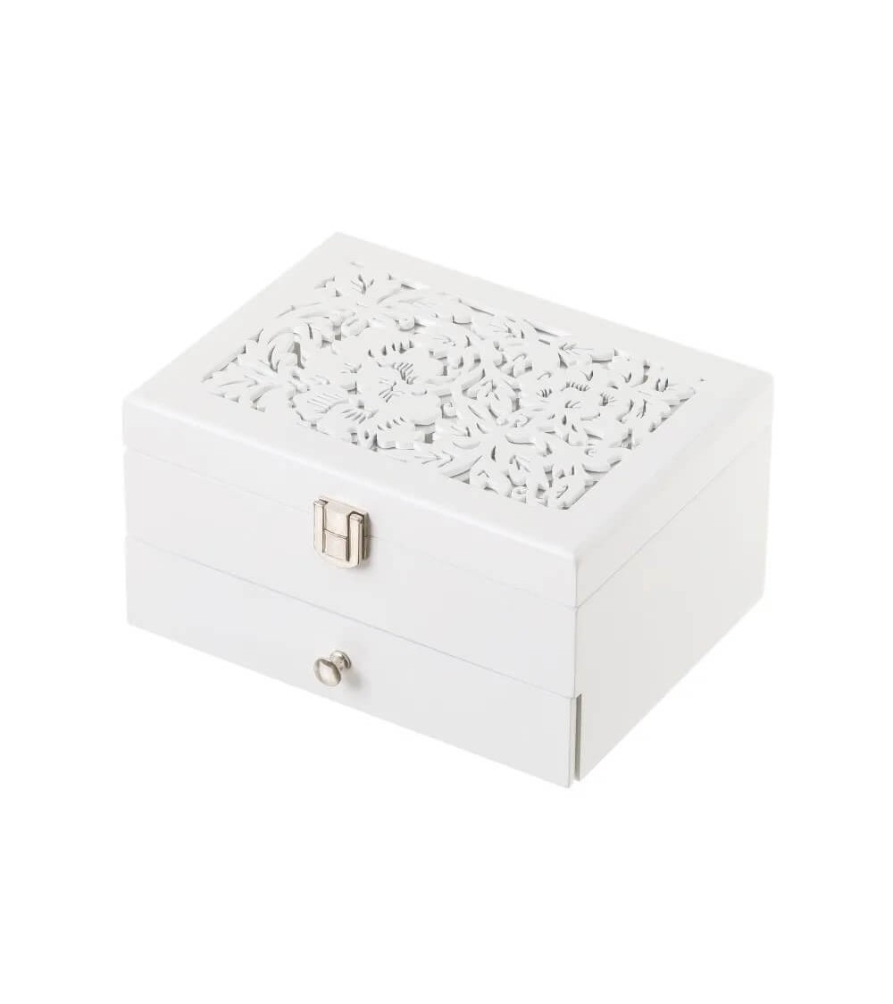 Dcasa Joyero Tallado Flores De Madera Blanco De 19x15x10 Cm