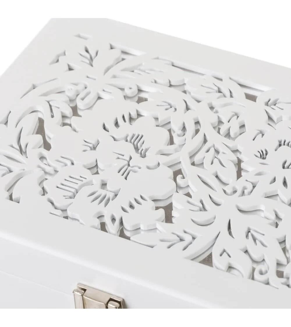 Dcasa Joyero Tallado Flores De Madera Blanco De 19x15x10 Cm