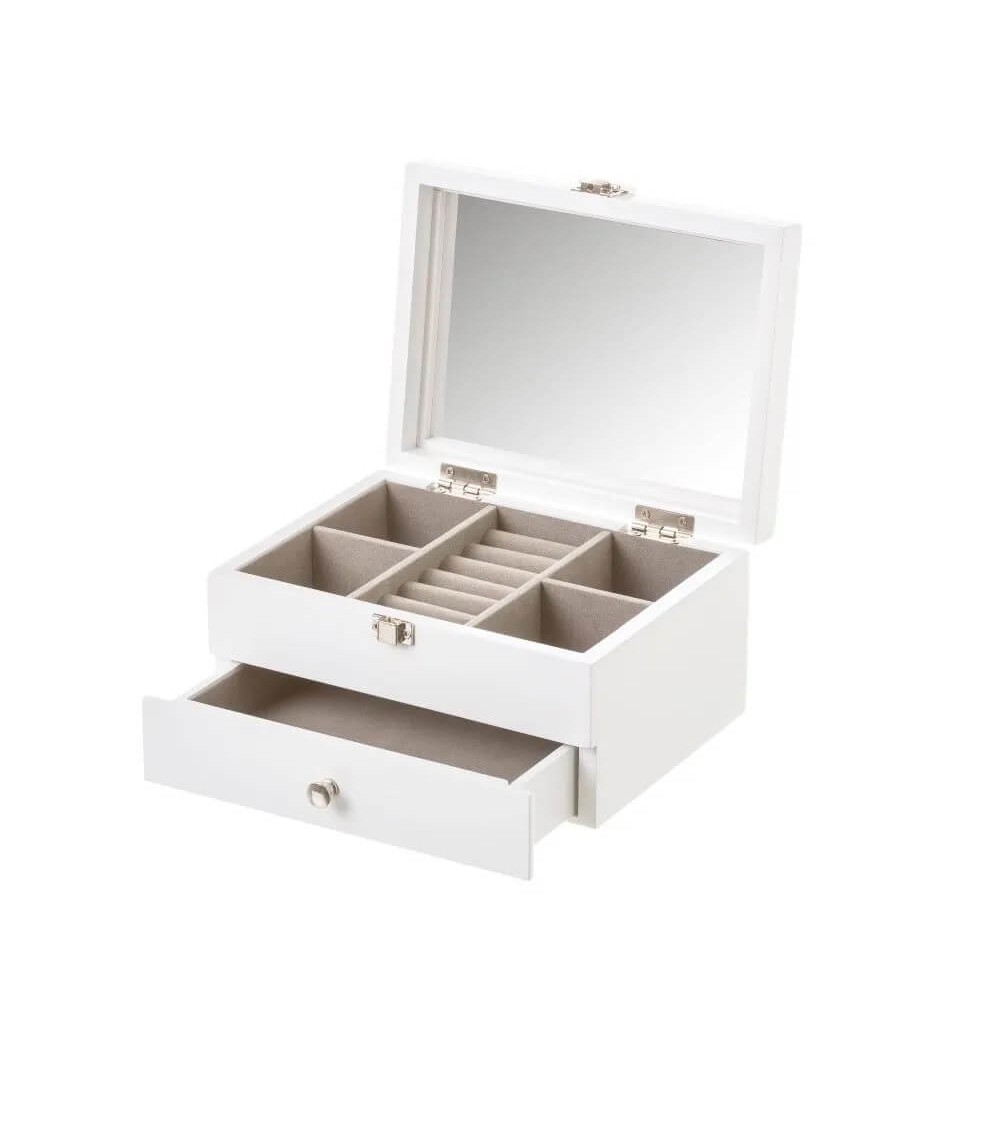 Dcasa Joyero tallado flores de madera blanco de 19x15x10 cm