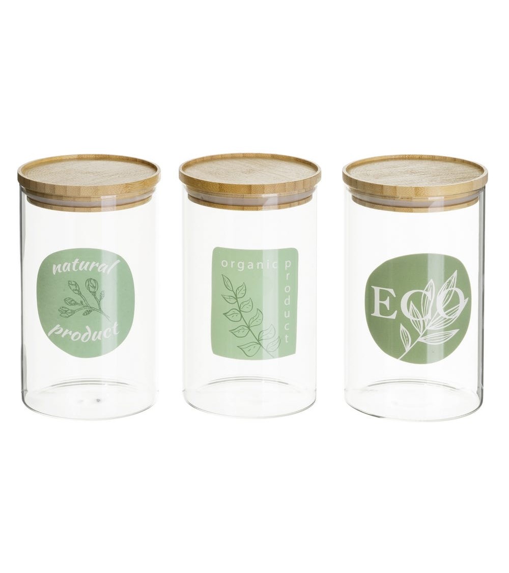 Dcasa Juego de 3 botes de cristal borosilicato con tapa de bambú Eco verdes de 1000 ml
