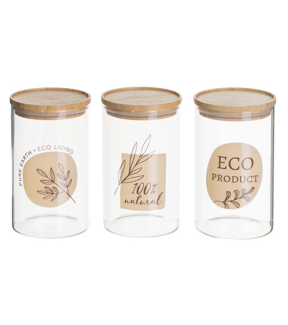 Dcasa Juego de 3 botes de cristal borosilicato con tapa de bambú Eco marrones de 1000 ml