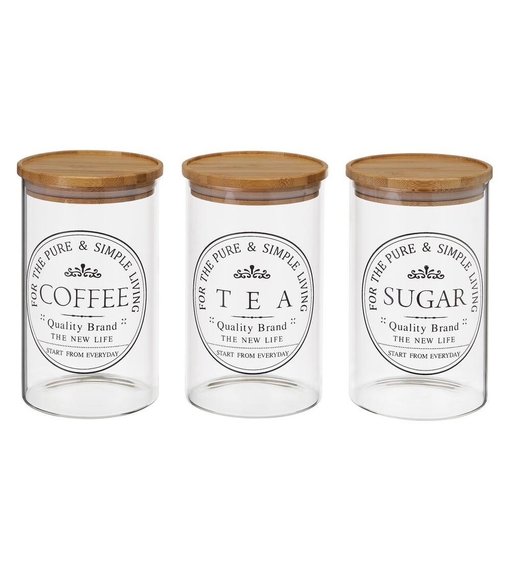 Dcasa Juego de 3 botes de cristal borosilicato transparentes con tapa de bambú para azúcar café y té de 1000 ml