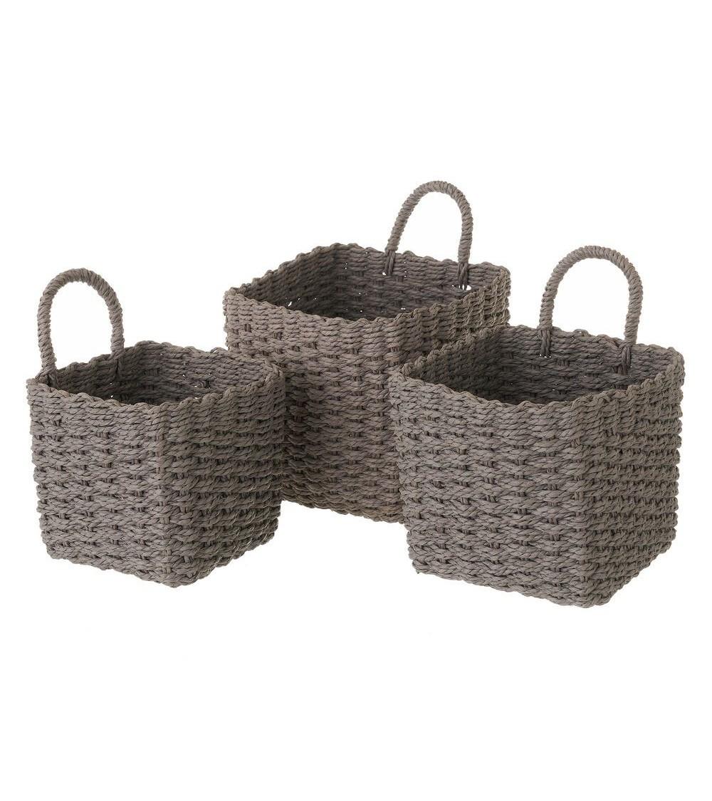 Dcasa Juego de 3 cestas papel trenzado cuadradas con asa color grises para organizacion