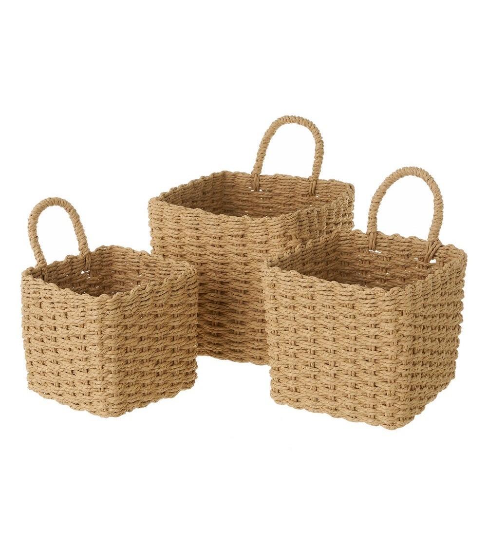 Dcasa Juego de 3 cestas papel trenzado cuadradas con asa color beige para organizacion