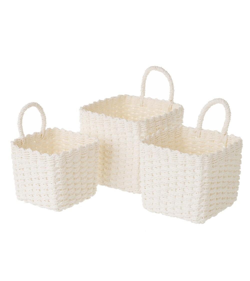 Dcasa Juego de 3 cestas papel trenzado cuadradas con asa color blancas para organizacion