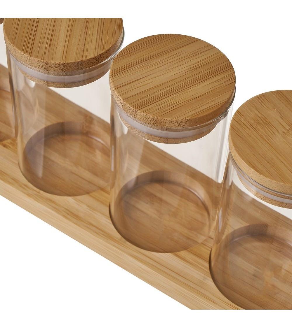 Dcasa Juego De 4 Botes De Cristal Transparente Con Bandeja De Bambú De 220 Ml