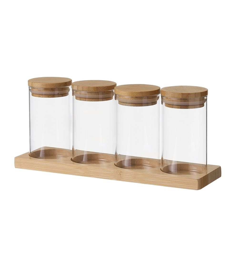 Dcasa Juego de 4 botes de cristal transparente con bandeja de bambú de 220 ml
