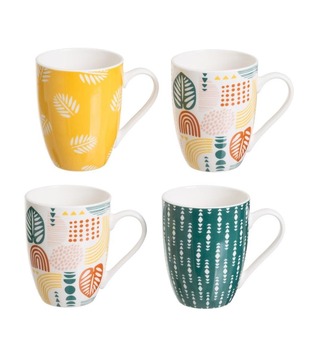 Dcasa Juego de 4 tazas mug colores de stoneware hojas tropical de 350 ml