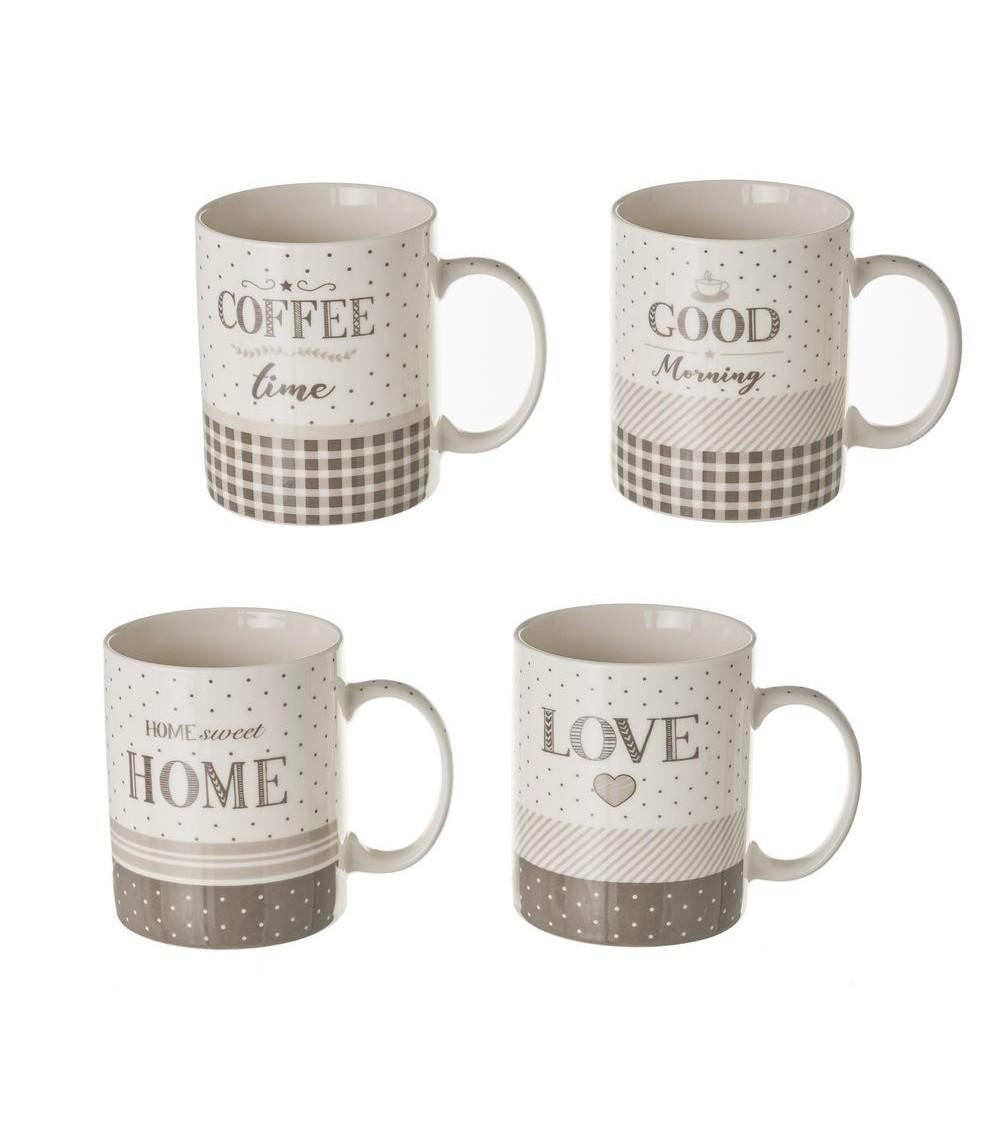 Dcasa Juego de 4 tazas mug de cerámica en blanco y gris de 340 ml