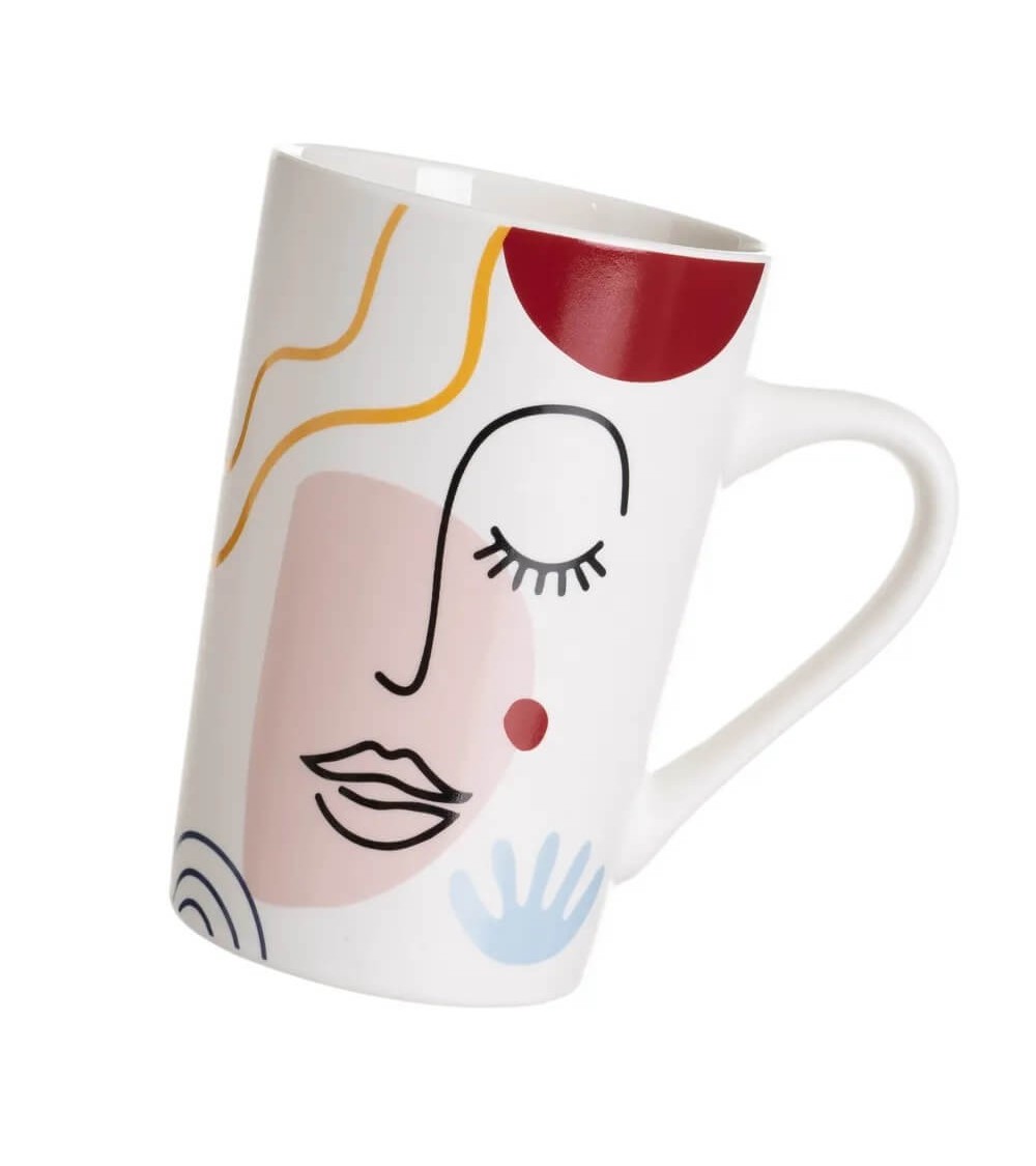 Dcasa Juego De 4 Tazas Mug De Rostros Multicolor De Cerámica De 370 Ml