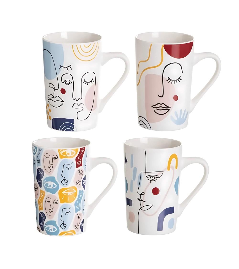 Dcasa Juego de 4 tazas mug de rostros multicolor de cerámica de 370 ml