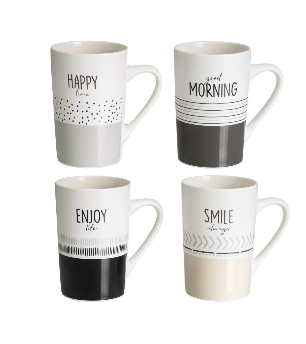 Dcasa Juego de 4 tazas mug freses positivo blancas y negras de cerámica de 370 ml