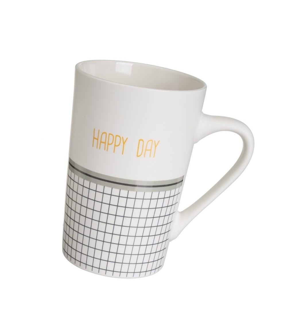 Dcasa Juego De 4 Tazas Mug Happy & Enjoy Blancas De Cerámica De 370 Ml