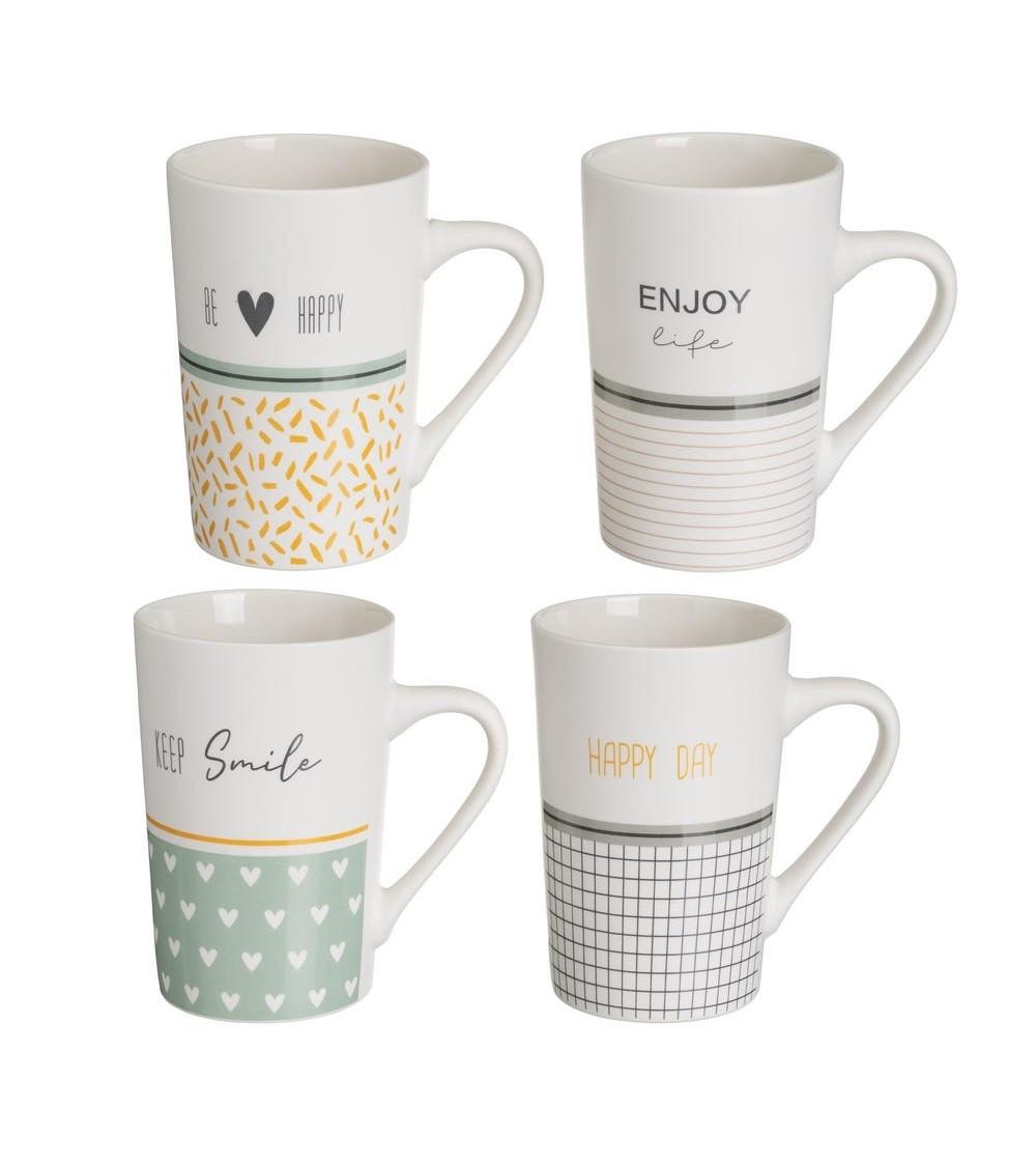 Dcasa Juego de 4 tazas mug happy & enjoy blancas de cerámica de 370 ml