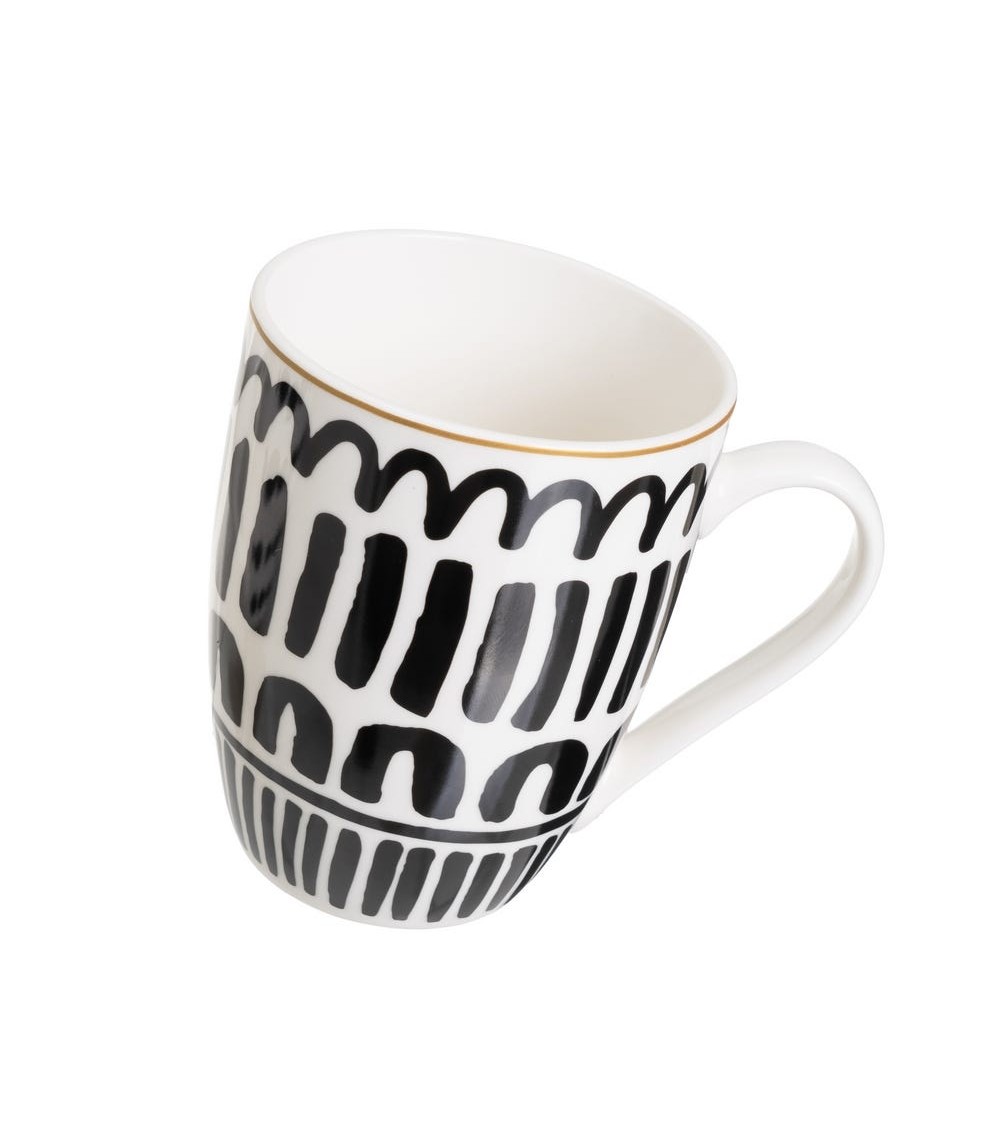 Dcasa Juego De 4 Tazas Mug Negras De Stoneware Lineas Y Topos De 350 Ml