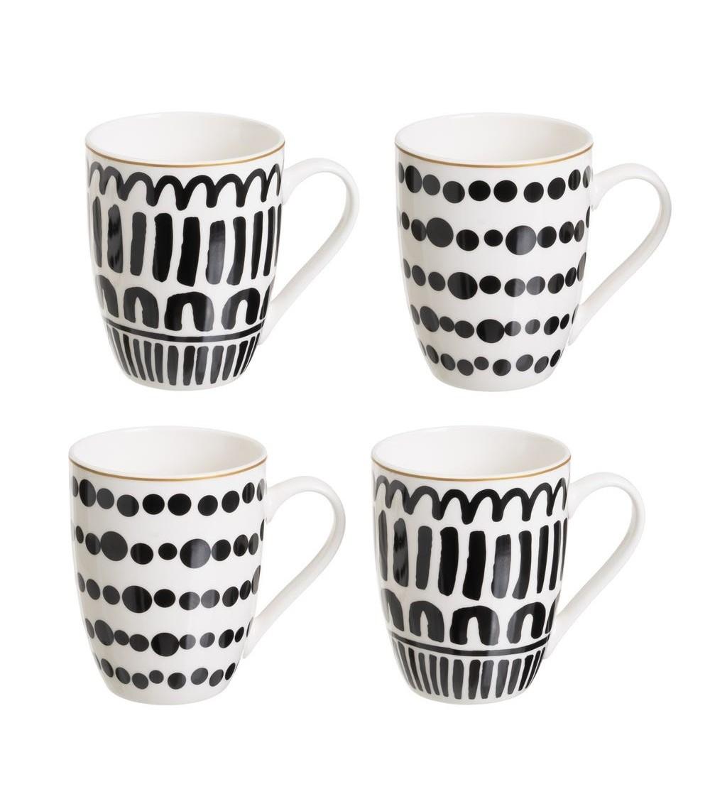 Dcasa Juego de 4 tazas mug negras de stoneware lineas y topos de 350 ml