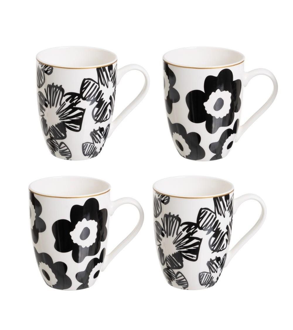 Dcasa Juego de 4 tazas mug negras de stoneware pansy de 350 ml