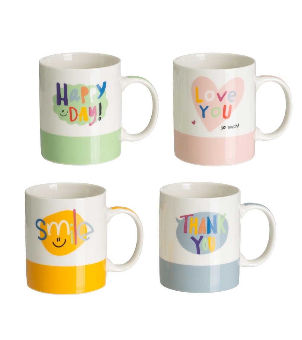 Dcasa Juego de 4 tazas mug originales de cerámica en colores happy day de 340 ml