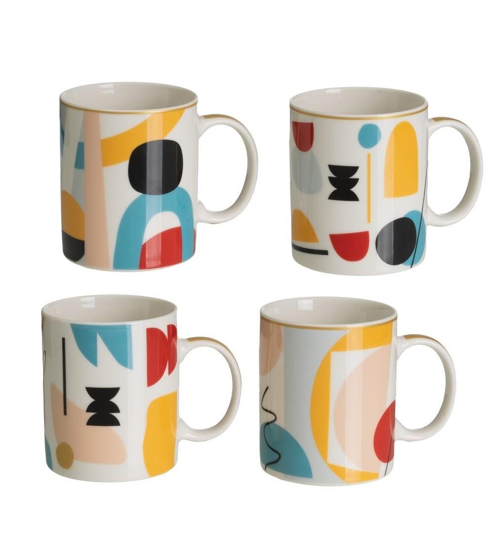 Dcasa Juego de 4 tazas mug originales de cerámica rostros multicolor de 340 ml