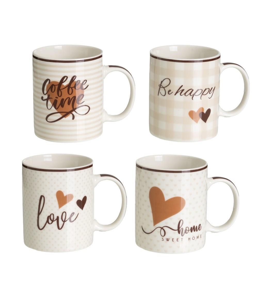 Dcasa Juego de 4 tazas mug romanticas de cerámica corazon de 340 ml