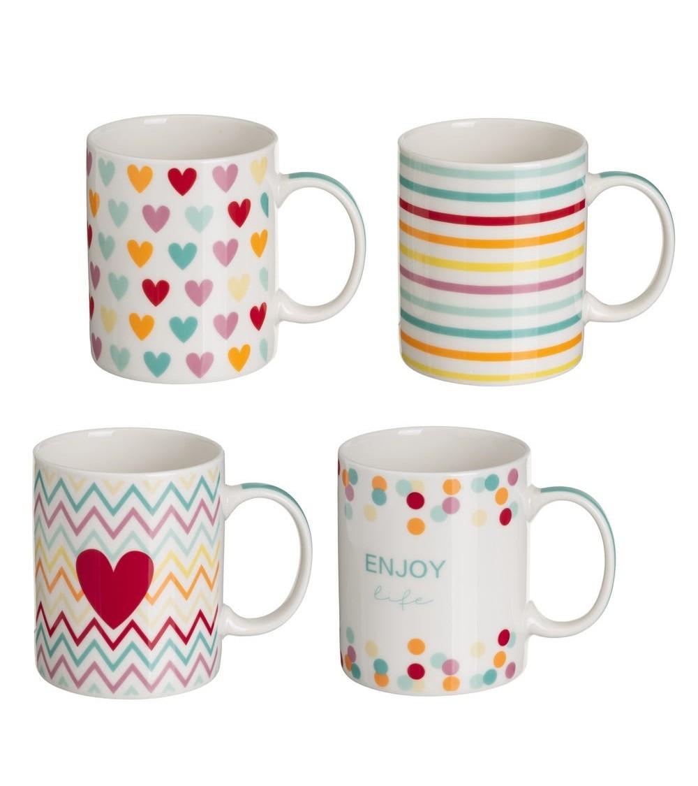 Dcasa Juego de 4 tazas mug romanticas de cerámica corazon de 340 ml