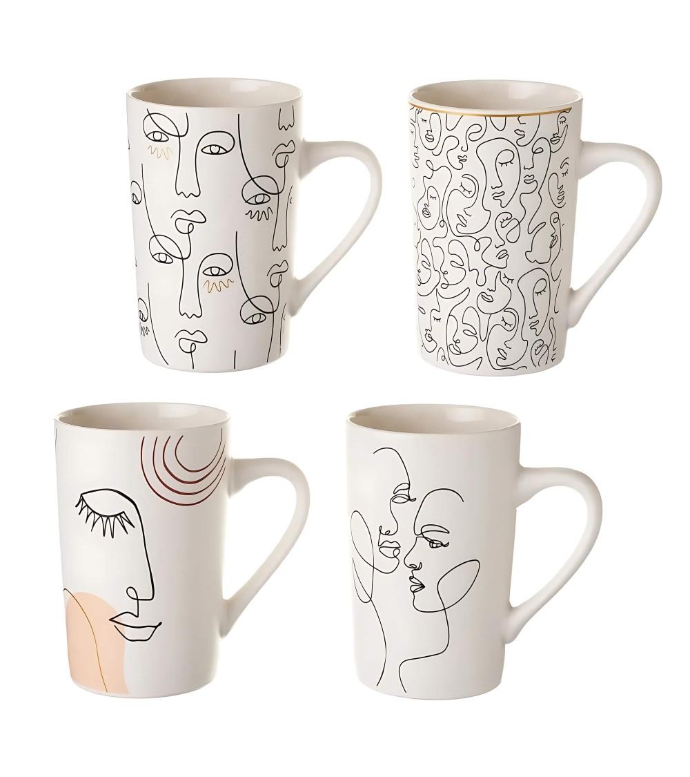 Dcasa Juego de 4 tazas mug rostro blancas y negras de cerámica de 370 ml