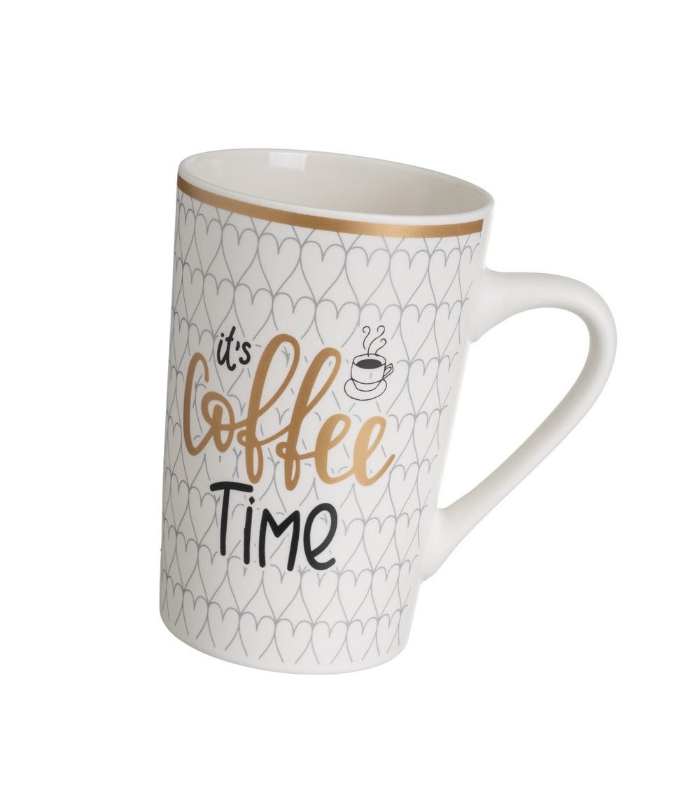 Dcasa Juego De 4 Tazas Mug Tiempo De Cafe Blancas Y Dorado De Cerámica De 370 Ml