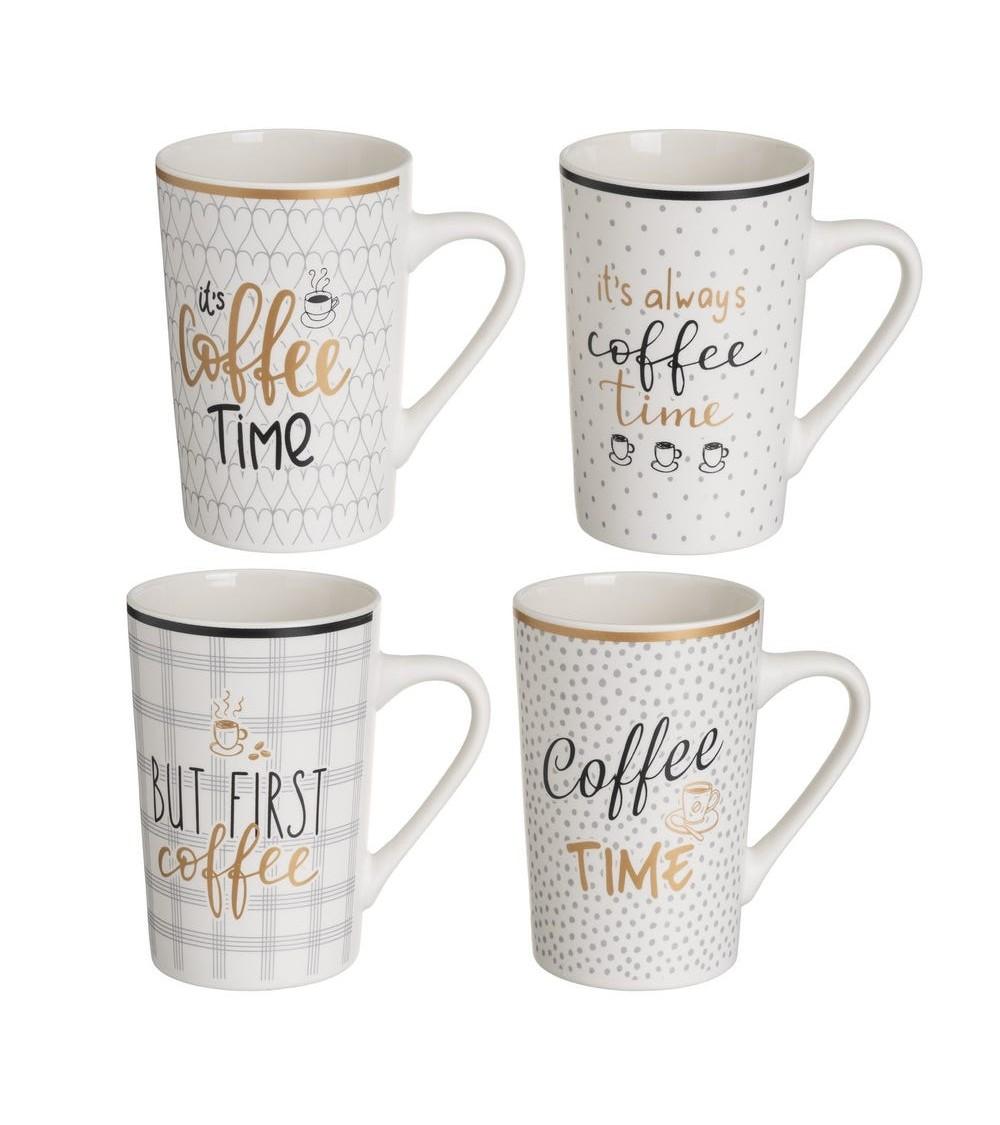 Dcasa Juego de 4 tazas mug tiempo de cafe blancas y dorado de cerámica de 370 ml