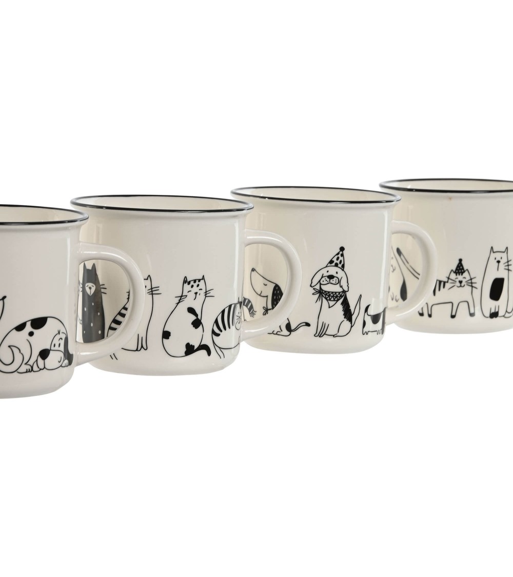 Dcasa Juego De 4 Tazas Originales De Porcelana Blanco Gatos De 355 Ml