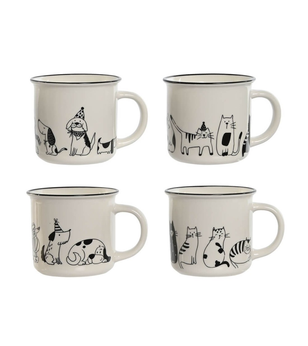 Dcasa Juego de 4 tazas originales de porcelana blanco gatos de 355 ml