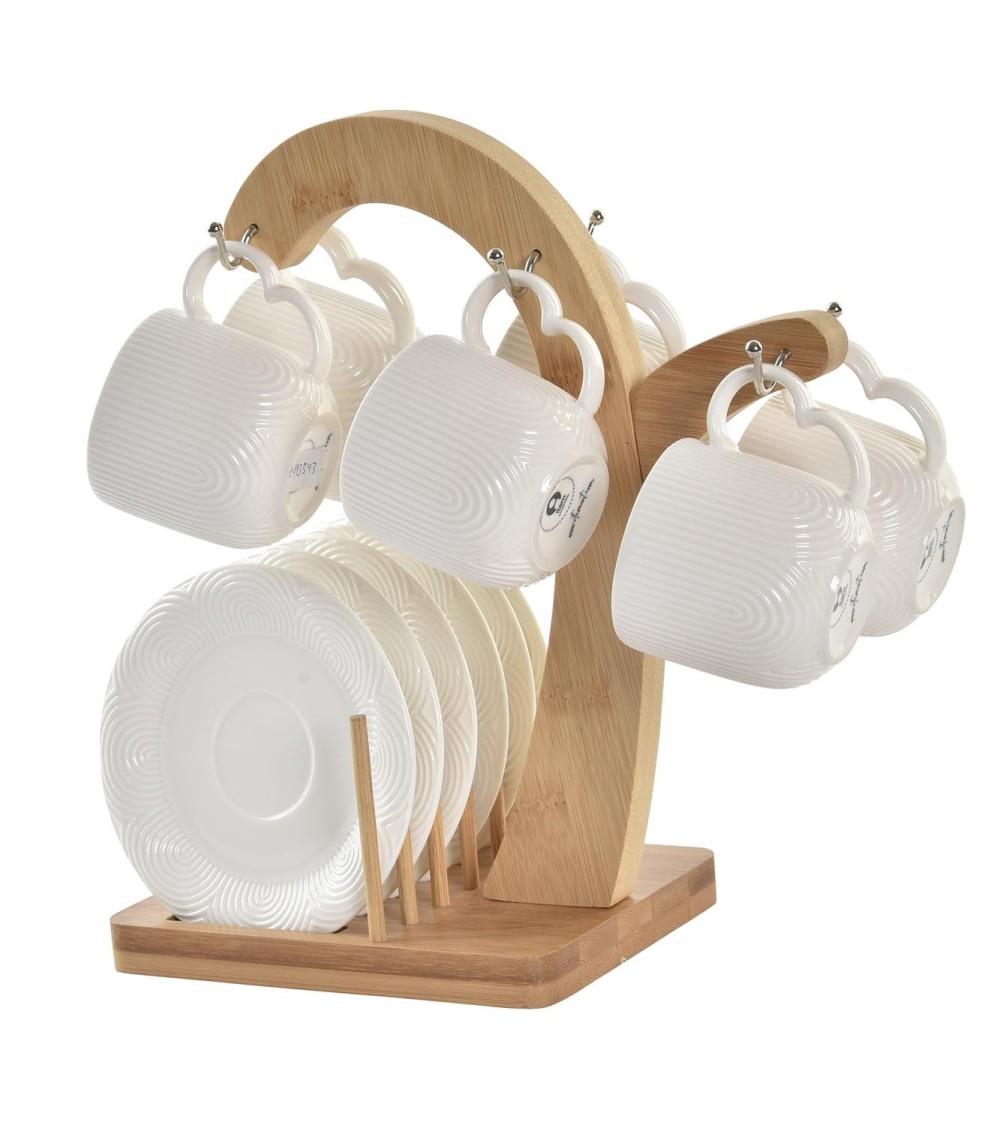 Dcasa Juego de 6 tazas cafe con plato de porcelana con soporte bambu de 90 ml