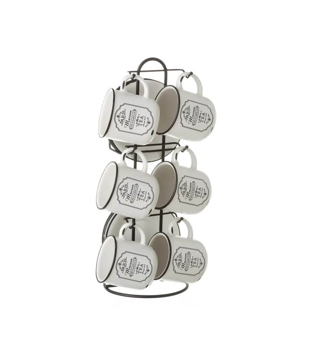 Dcasa Juego de 6 tazas de café de stoneware blanco y negro con soporte de 95 ml